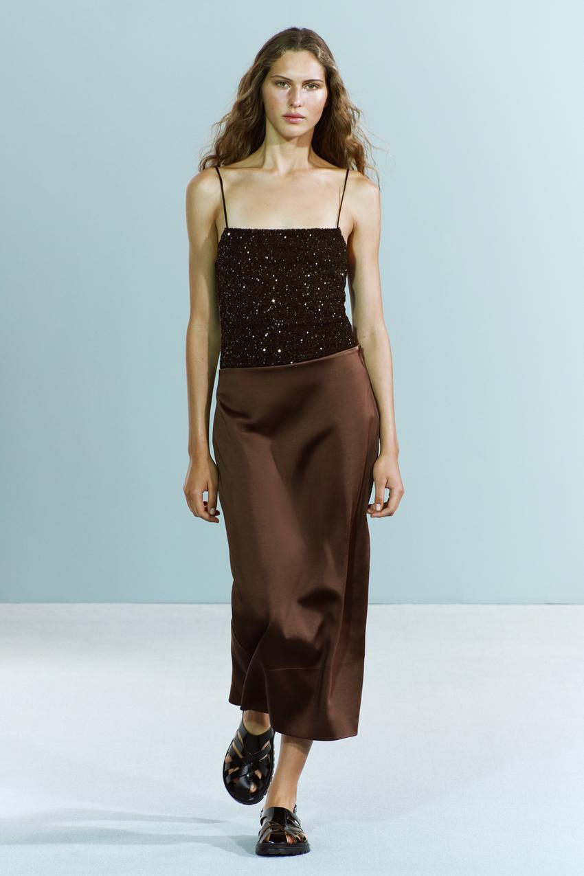 SATIN EFFECT SKIRT ZW COLLECTION - Brown