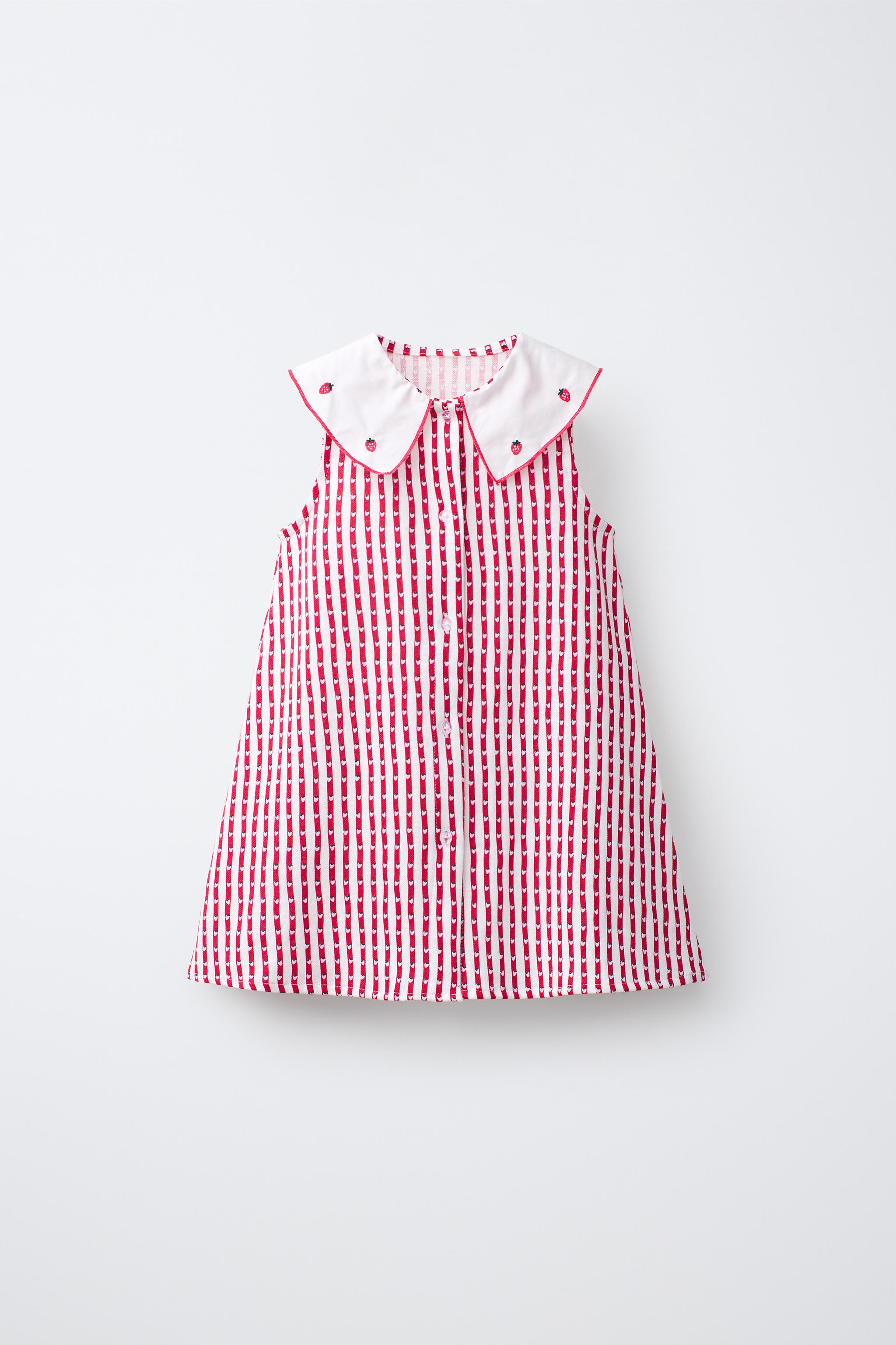 EMBROIDERED COLLAR STRIPED DRESS — Strawberry