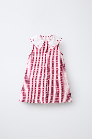 GESTREIFTES KLEID MIT BESTICKTEM KRAGEN - Erdbeerrosa von Zara