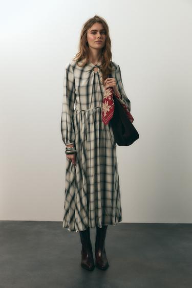 CHECKED MIDI DRESS - Ecru / Black by Zara - Image 0