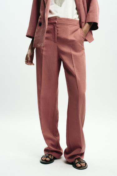 Zara STRAIGHT LEG ELASTIC WAIST PANTS - MARSALA