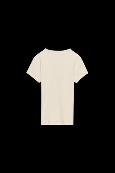 Zara RIBBED SHORT SLEEVE T-SHIRT - Ecru