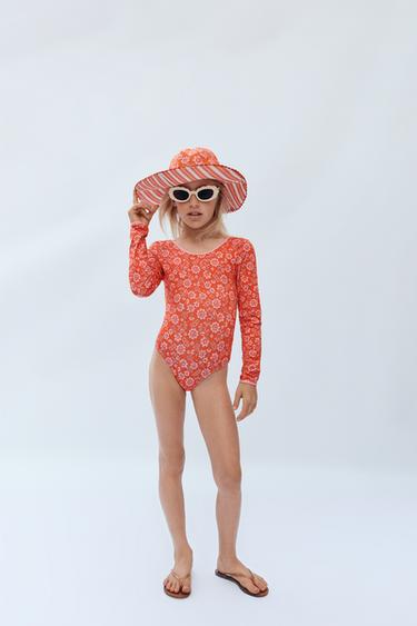 Zara 4-14 YEARS/ FLORAL LONG SLEEVE SWIMSUIT LIMITED EDITION - Red / Orange