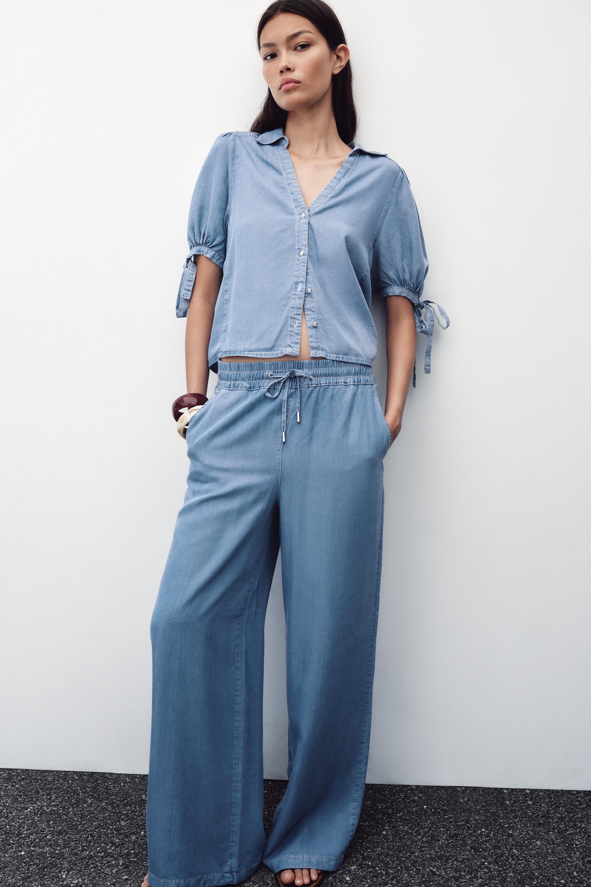 ☆ドイツ発*ZARA*新作*ワイドレッグパンツ/SKY BLUE☆ ワイドレッグパンツ、ゴムウエストバンド仕様 - ライトブルー