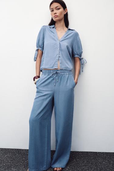 WIDE-LEG TROUSERS WITH ELASTIC WAIST - Light blue by Zara - Image 4