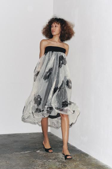 Zara ZW COLLECTION PRINTED ORGANZA DRESS - Ecru / Black - Image 0