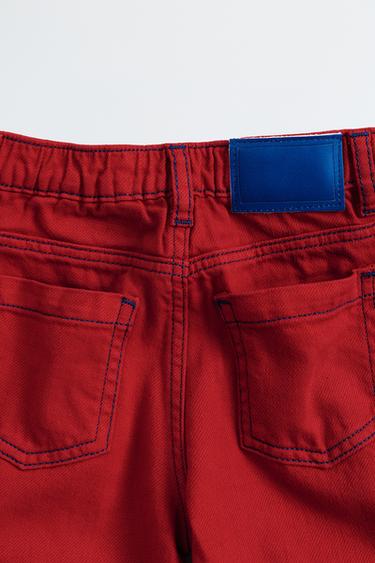 ZARA TIMELESS - CONTRAST STITCH STRAIGHT TWILL TROUSERS - Red by Zara
