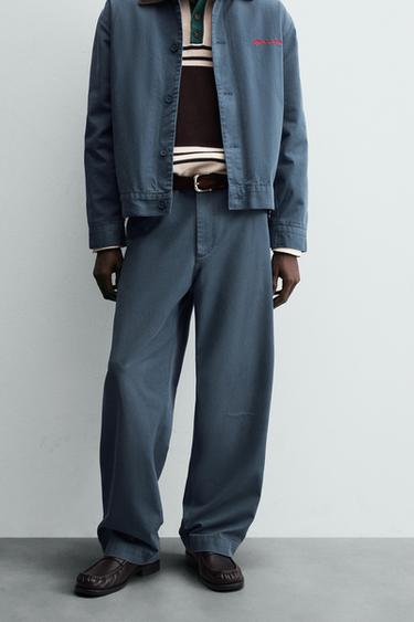 Zara WASHED RIPPED CHINO PANTS - Pastel blue