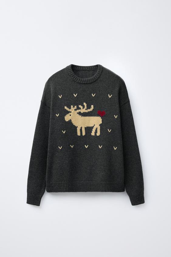 WOOL KNIT JUMPER EMBROIDERED REINDEER HEARTS