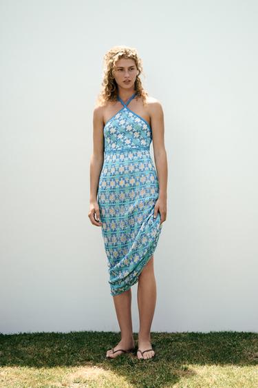 VESTIDO HALTER PUNTO - Azul / Blanco de Zara