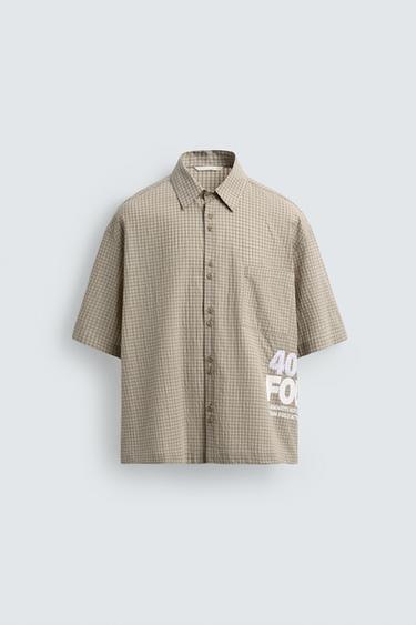 CHECK SHIRT WITH SLOGAN PRINTS - camel by Zara