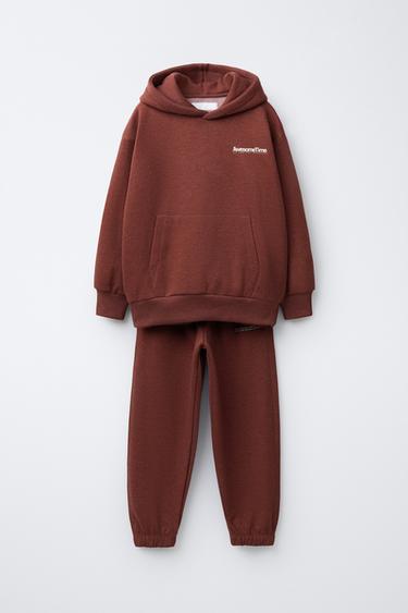 SLOGAN PRINT HOODIE AND JOGGER TROUSERS SET - Burgundy by Zara - Image 0