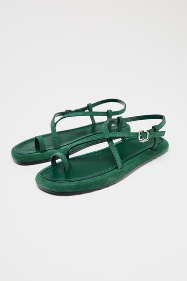 SANDALES À BRIDES EN CUIR - Vert de Zara - Image 2