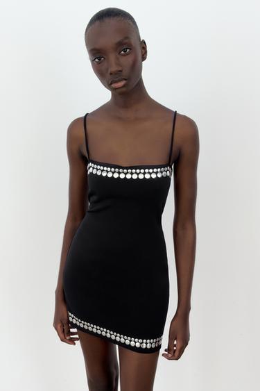 Zara STUDDED MINI DRESS - Black