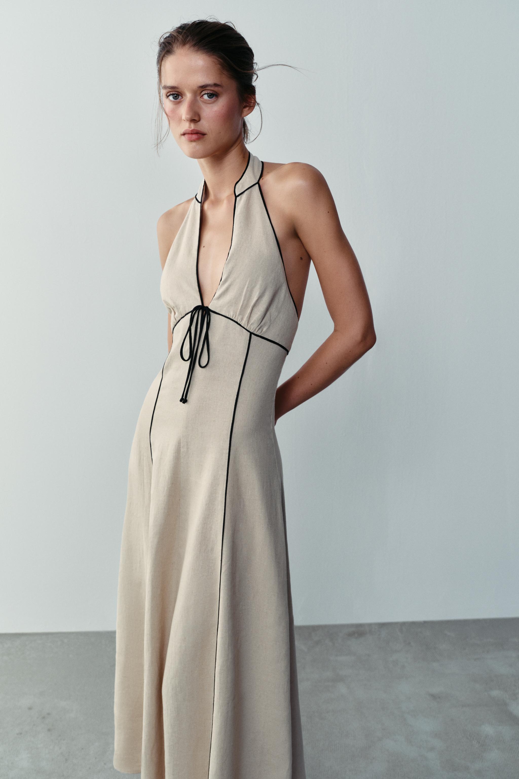 LINEN BLEND DRESS WITH CONTRAST TRIMS