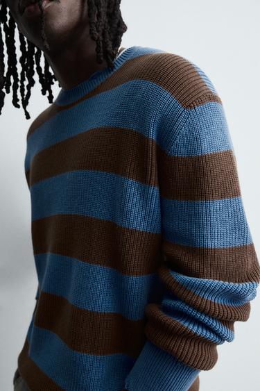 PULL EN MAILLE PERLÉE RAYURES - Bleu de Zara - Image 5