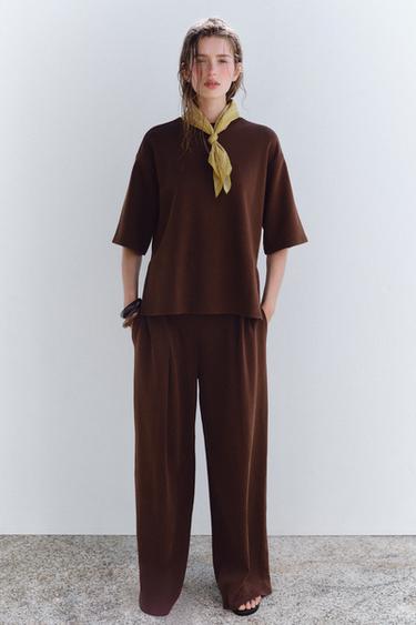 Zara WASHED EFFECT INTERLOCK PANTS - Dark brown - Image 0