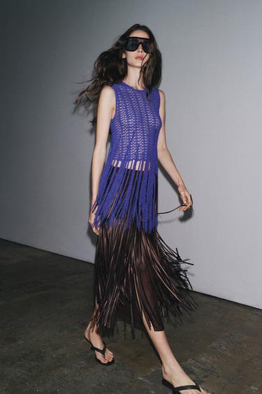 FRINGED CROCHET KNIT TOP - Blue by Zara