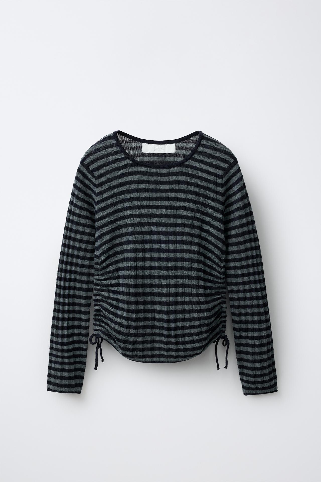 STRIPED KNIT GATHERED SWEATER — Blues
