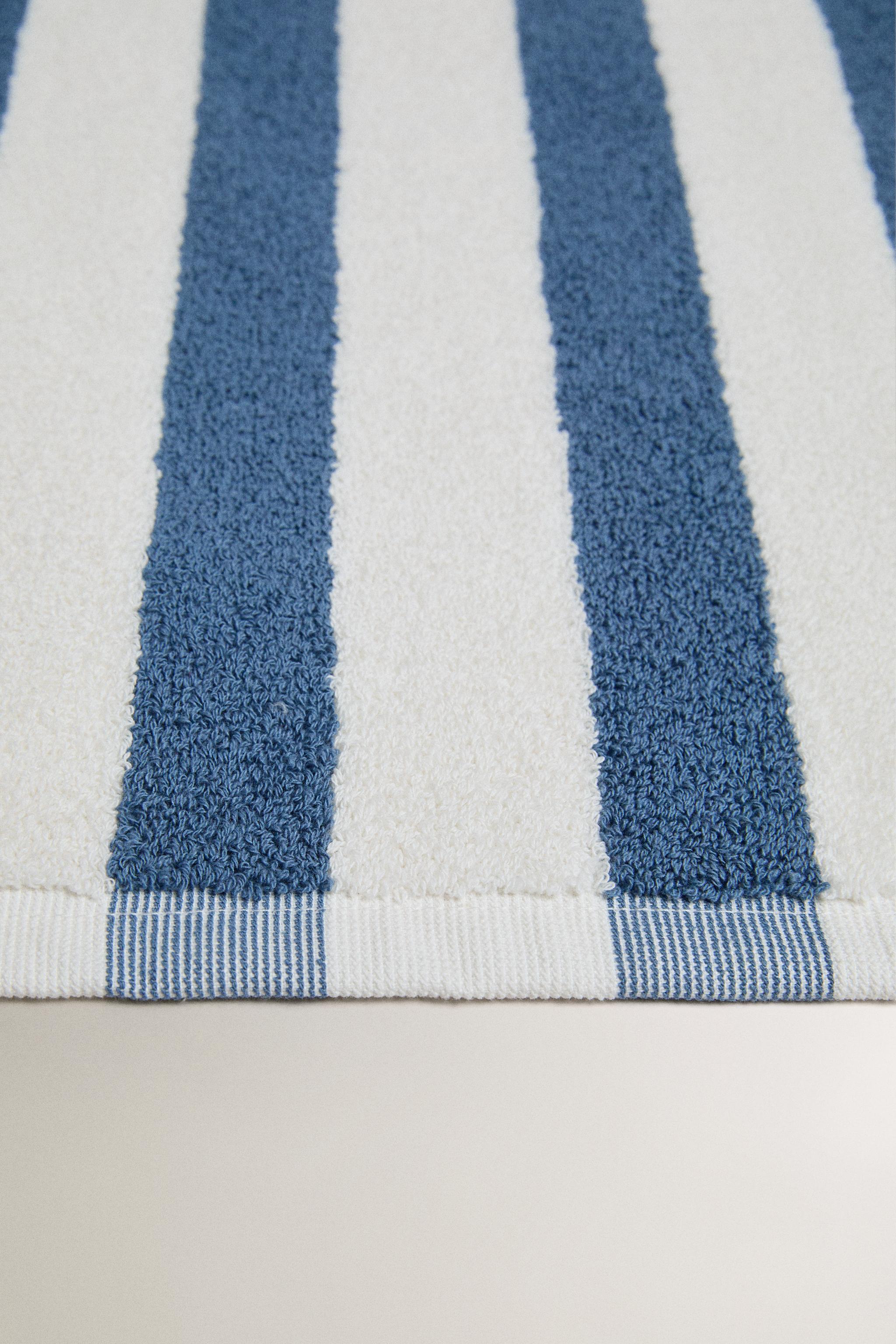 TWO-TONE STRIPED BATH MAT — Ecru / Blue