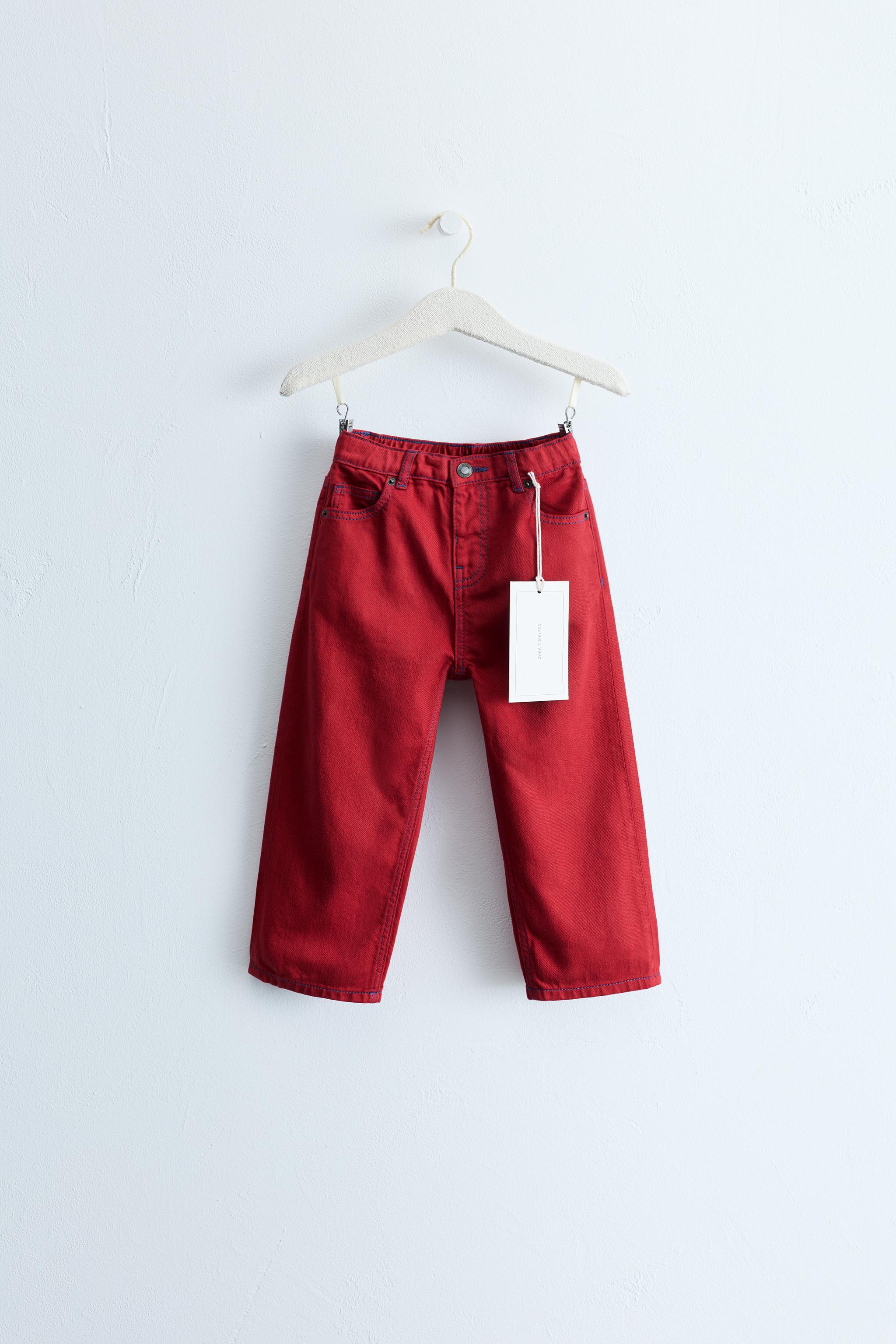 ZARA TIMELESS - STRAIGHT TWILL PANTS WITH CONTRAST TOPSTITCHING — Red