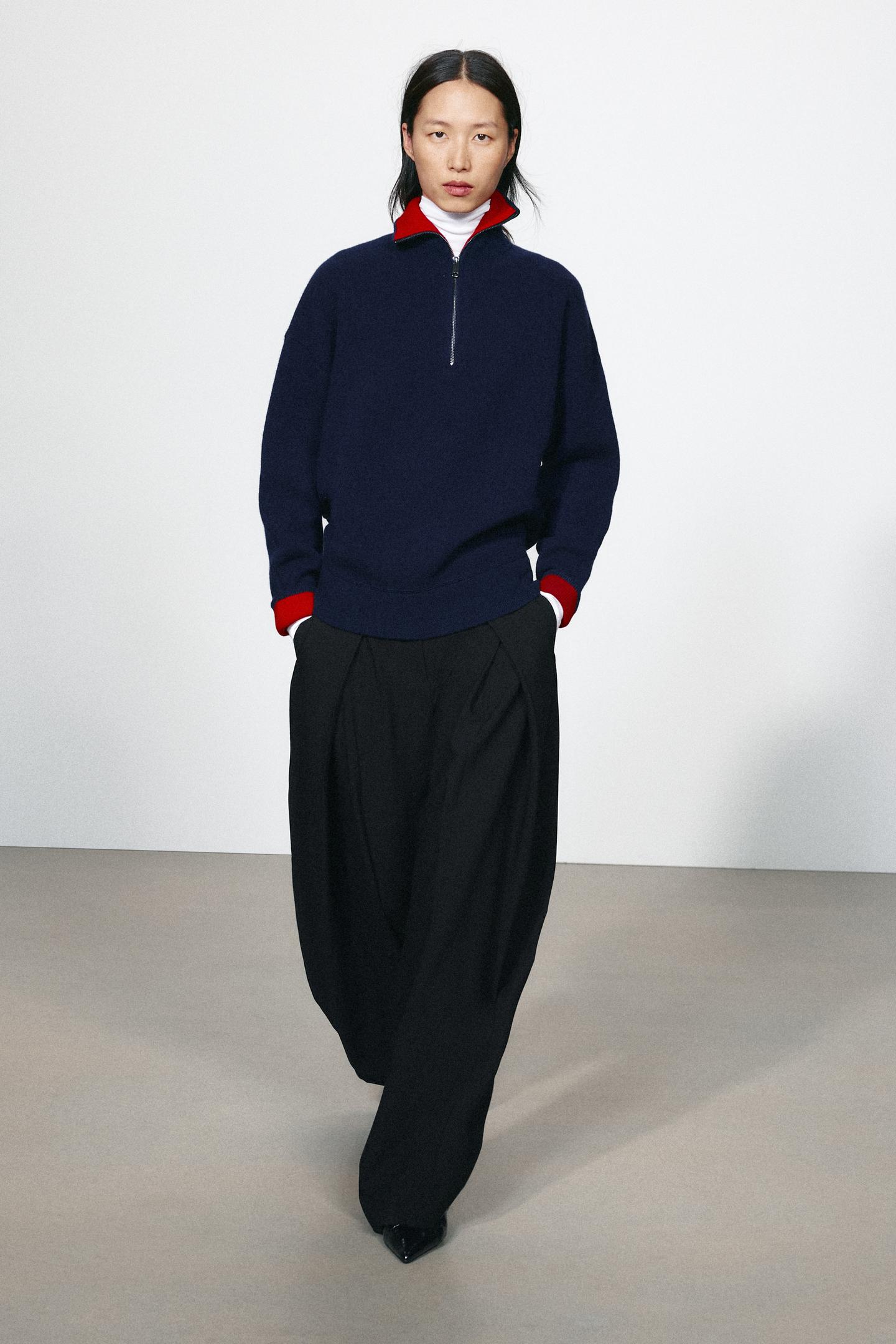 Женский свитер Zara Oversized 93% Wool Mock Neck, цвет: Тёмно-синий — фото 1