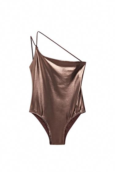 Swimsuit with asymmetric strap — Brown 1