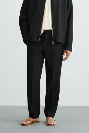 Zara REGULAR FIT LINEN PANTS - Black
