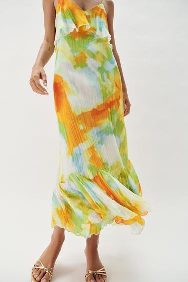 ROBE MI-LONGUE IMPRIMÉE À VOLANTS - TYE JAUNE de Zara - Image 4