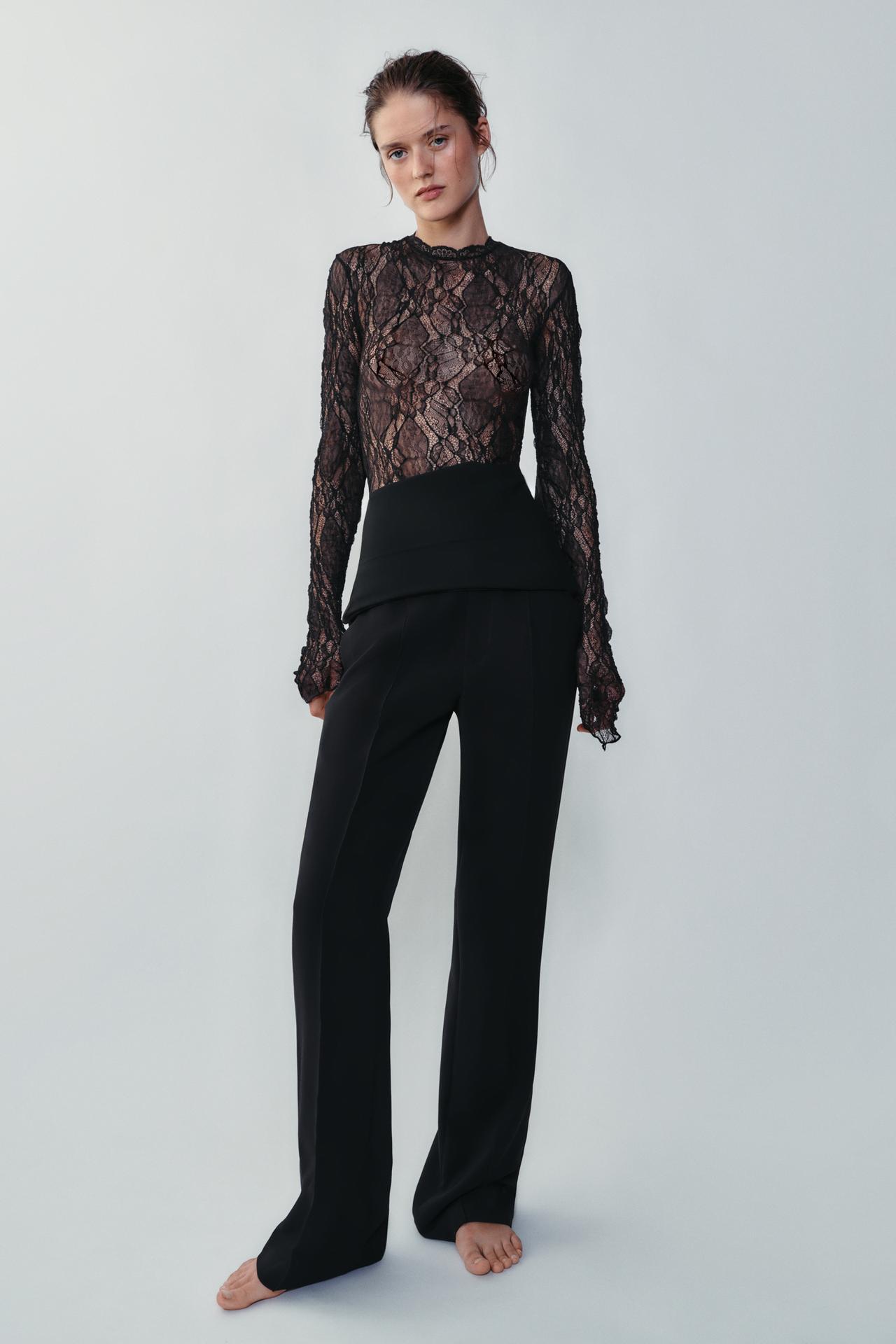 LACE BODYSUIT WITH LONG SLEEVES — Black