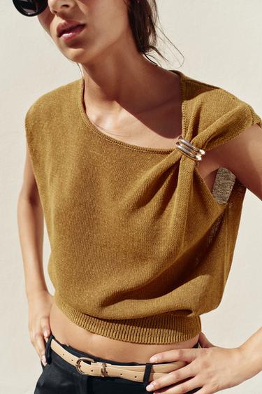 KNIT TRIM TOP - Dark straw by Zara