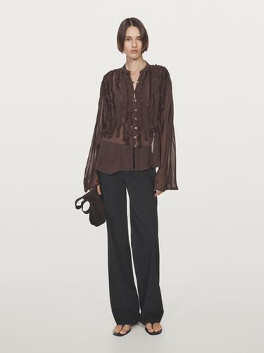 Zara Flowing bib-front shirt with ruffles - Eggplant