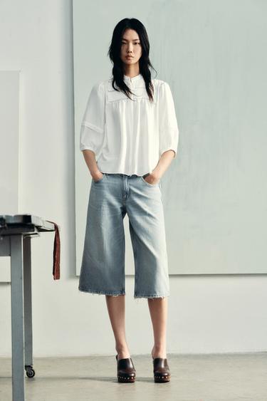 Zara TRF 破損感低腰百慕達牛仔短褲 - 淡藍色