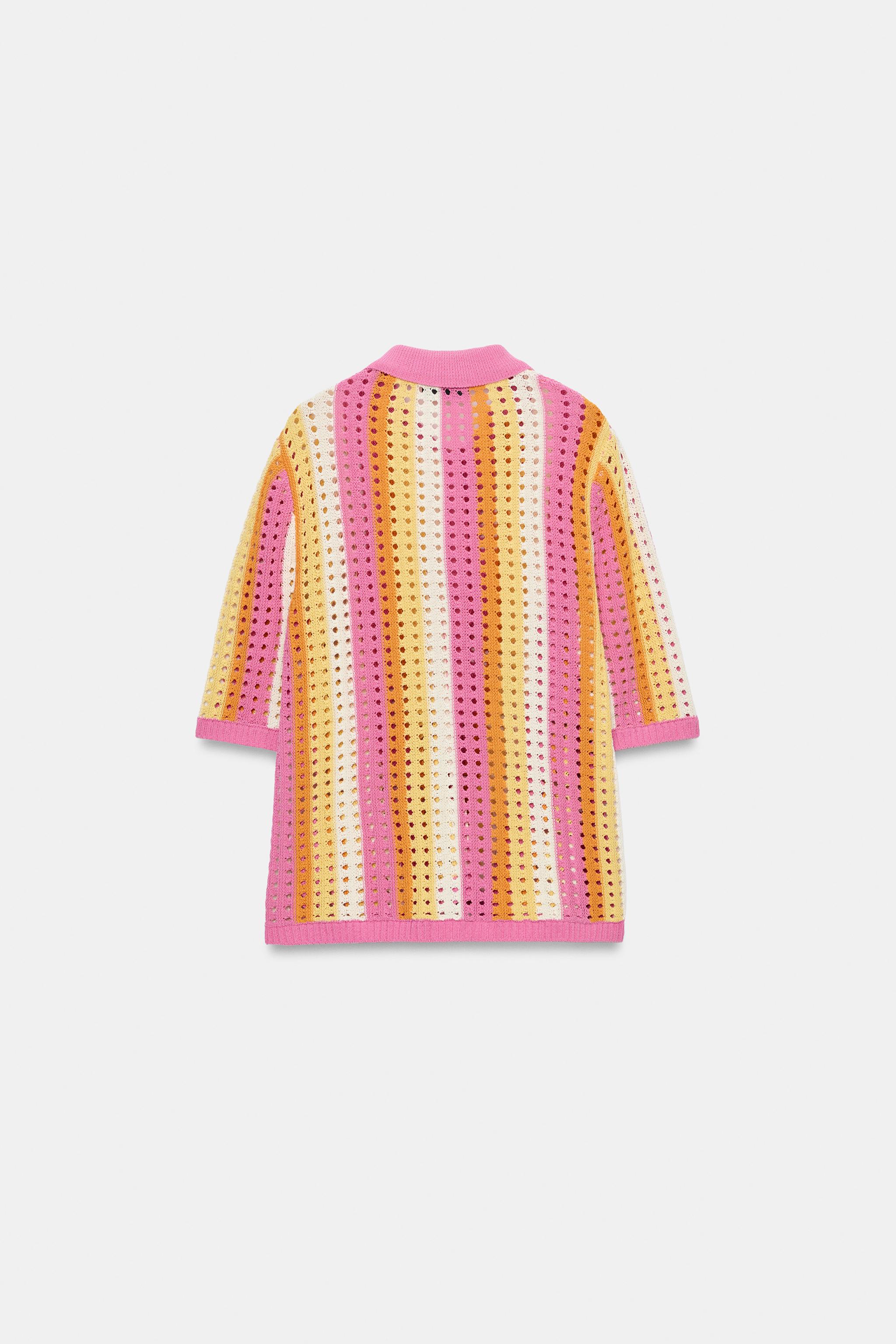 STRIPED OPENWORK KNIT POLO JACKET