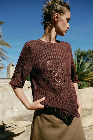 OPEN KNIT SHORT SLEEVE JUMPER - Brown by Zara