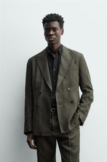 DOUBLE-BREASTED 100% LINEN SUIT BLAZER - Khaki by Zara