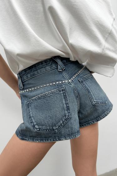 Zara STUDDED TRF DENIM SHORTS - Blue
