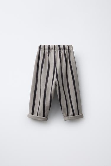 STRIPED BAGGY PLUSH TROUSERS - Sand / Black by Zara - Image 1