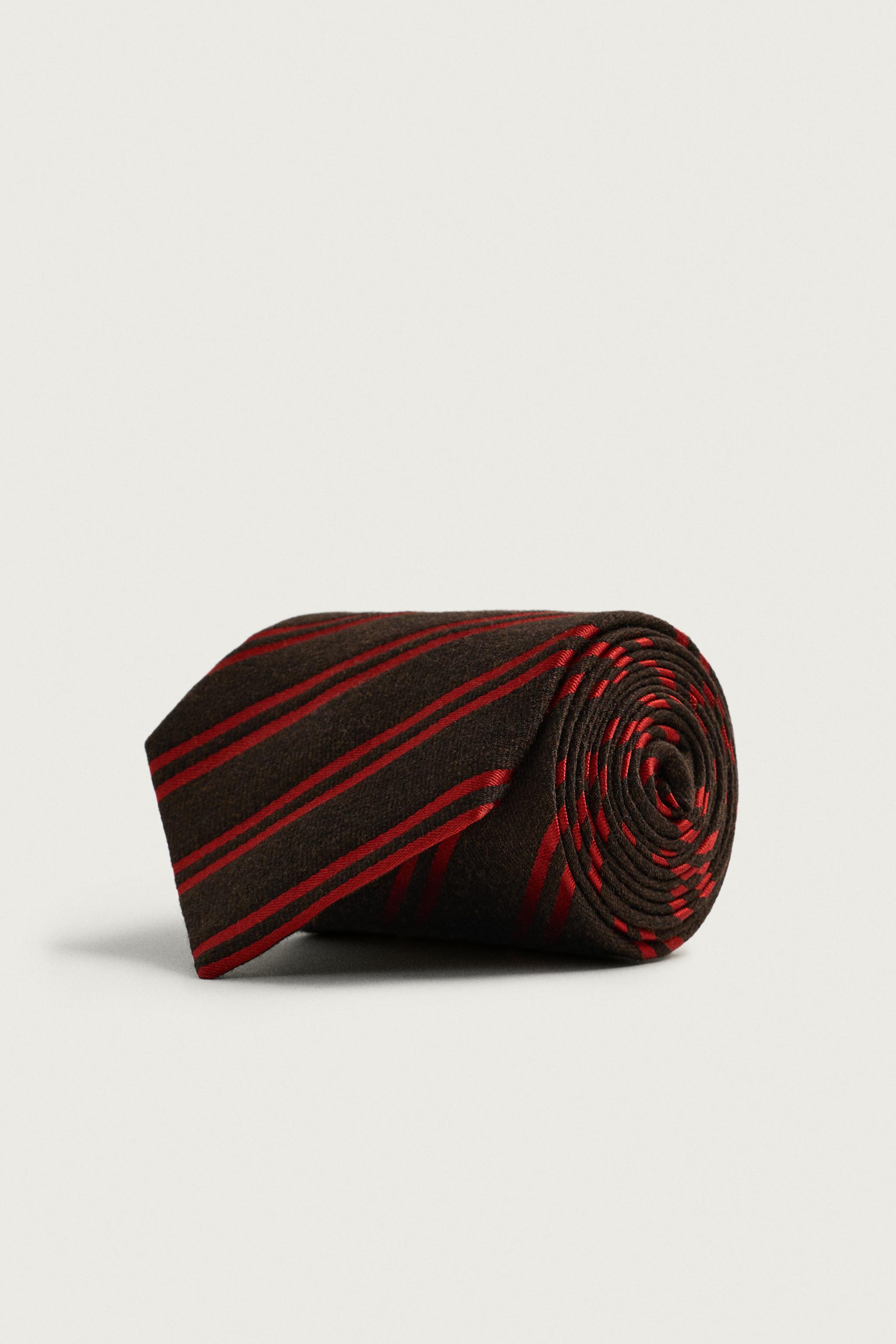 AARON LEVINE X ZARA WOOL-SILK STRIPED TIE — Brown