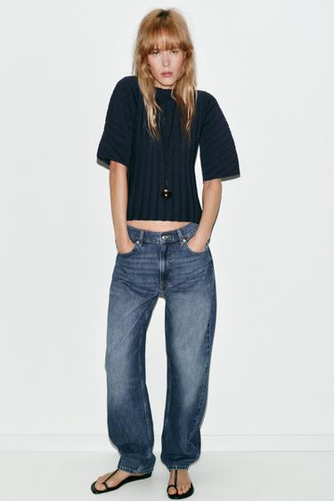 TOP DE MALHA COM MANGA ABALONADA - Azul-marinho da Zara