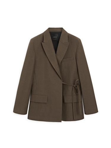 Zara Double-breasted cotton blend blazer with tie detail - Dark green