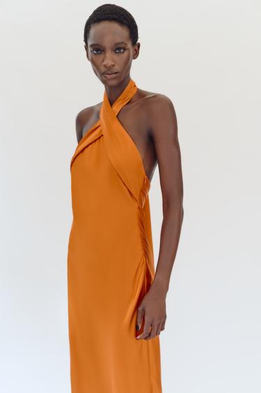Zara SATIN HALTER MIDI DRESS - Orange