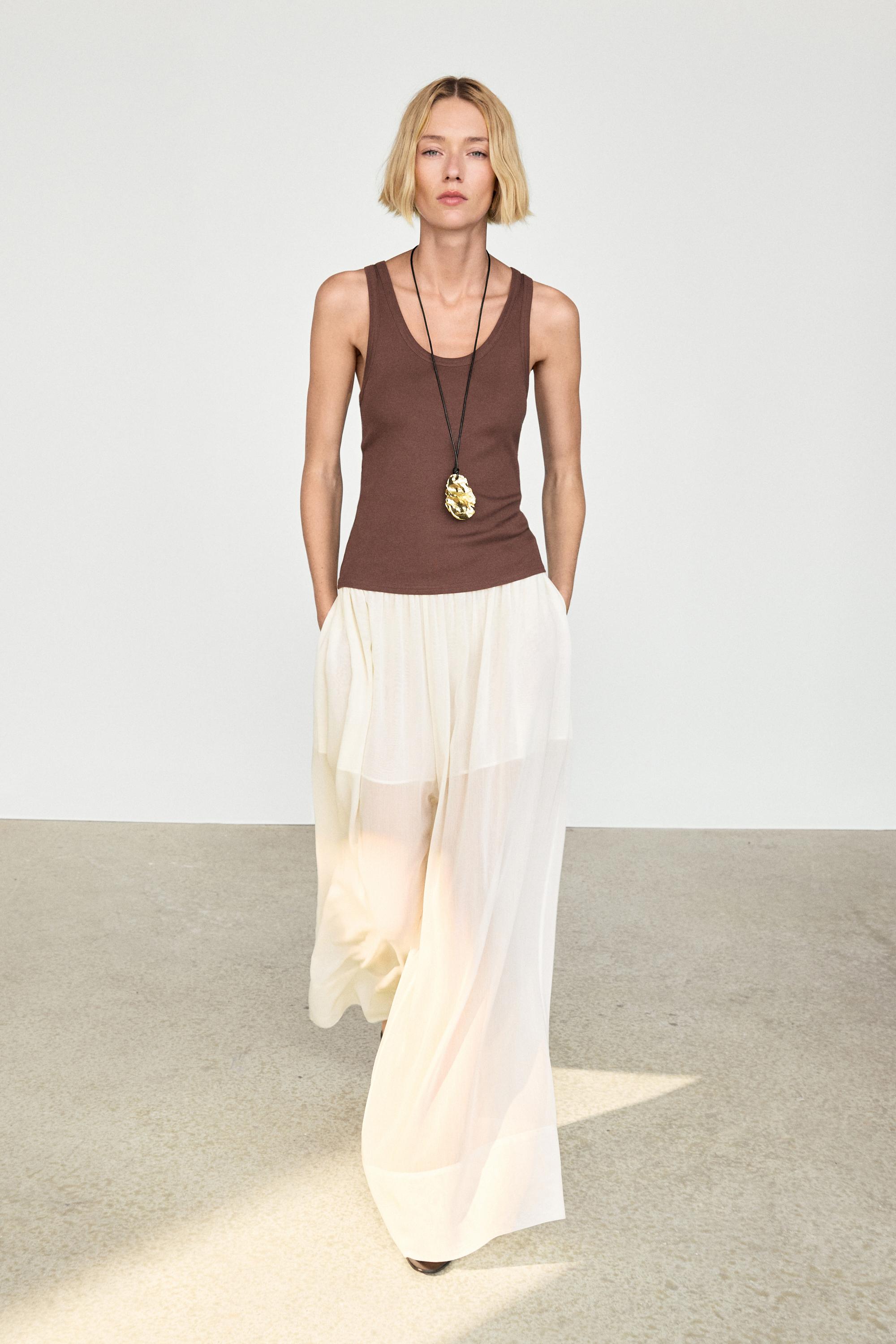 Semi-sheer flowing wide-leg pants — Oyster-white
