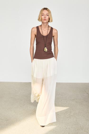 Zara Semi-sheer flowing wide-leg pants - Oyster-white - Image 0
