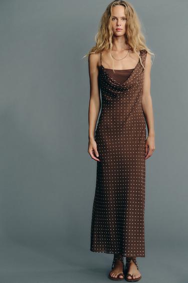 GAUN POLKADOT GARIS LEHER DRAPERI - Cokelat / Ecru dari Zara