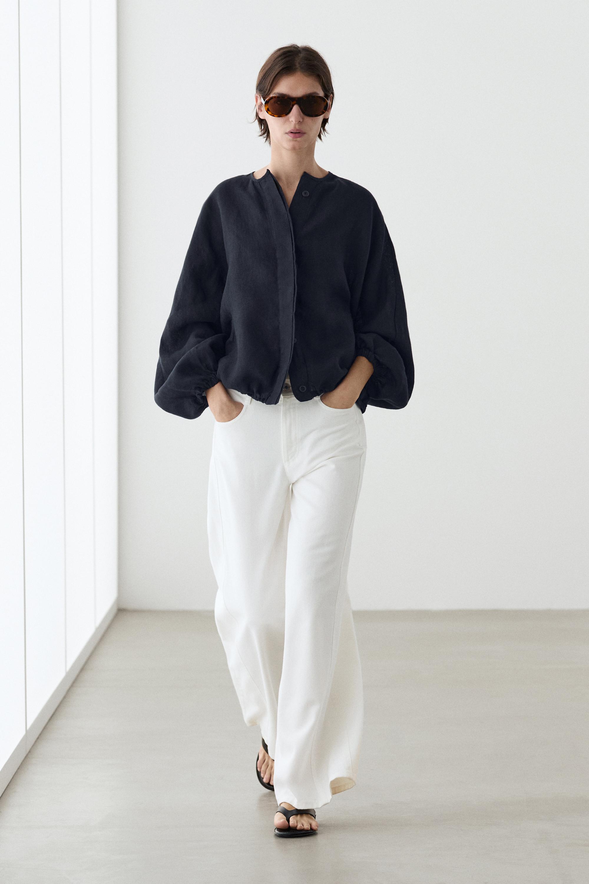 100% linen puff bomber jacket - Blue | ZARA United States