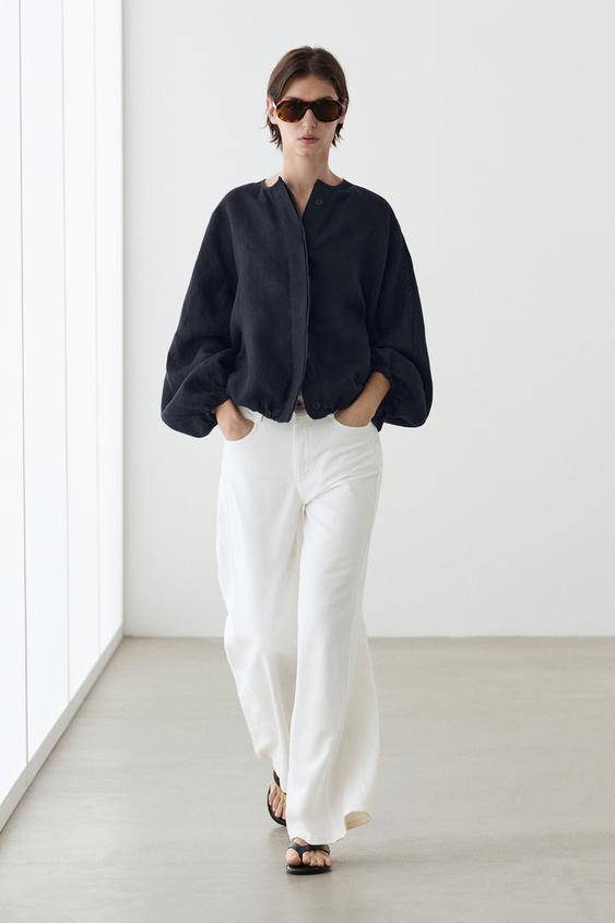 Zara 100% linen puff bomber jacket - Blue - Image 0