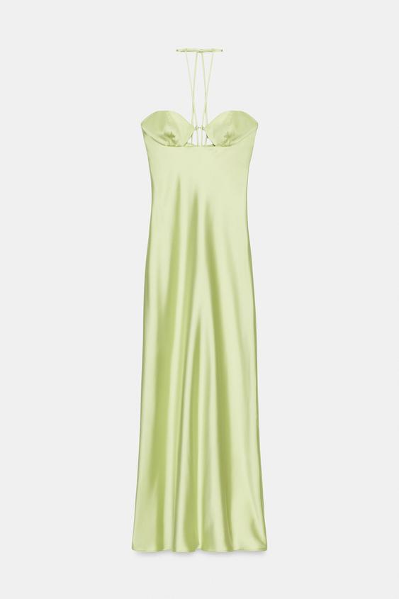 zara green satin midi dress SATIN EFFECT MIDI DRESS - Lime green