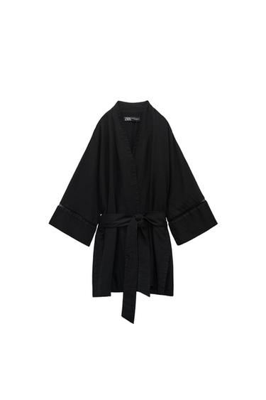 LINEN-BLEND LACE-TRIMMED KIMONO