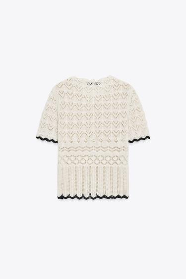 POINTELLE KNIT SHORT SLEEVE CARDIGAN - Black / White by Zara - Image 6